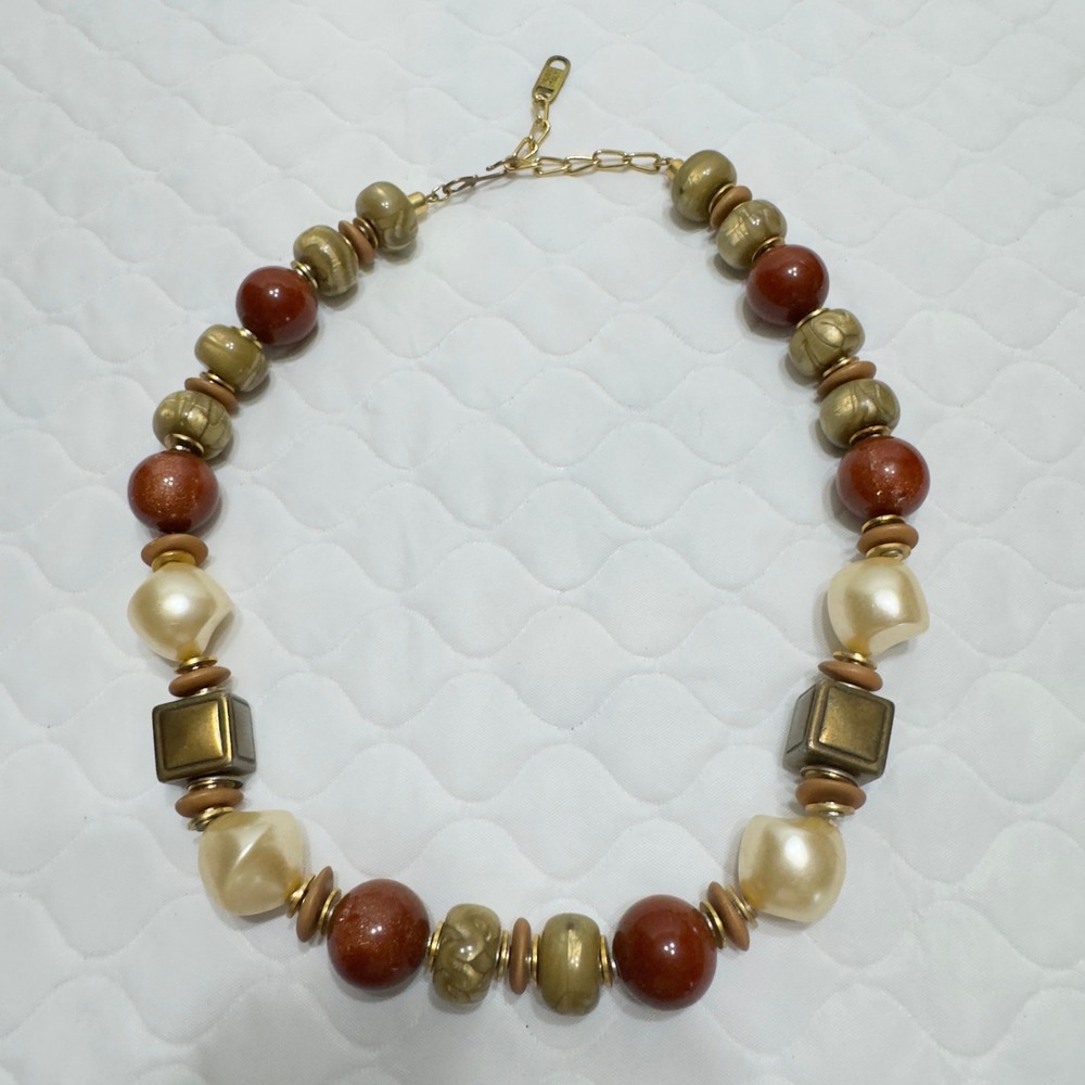 Vtg Italy Chunky Statement Liz Claiborne Necklace Earthy Resin Beads Gold Tone